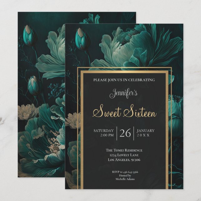 Mörk Tealblommig Sweet 16 Inbjudningar (Fram/baksida)