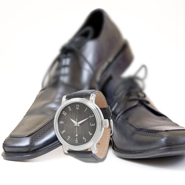 Mörk Trä Black Leather Strap Watch Armbandsur (Skapare uppladdad)