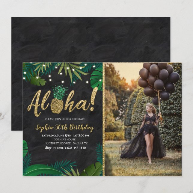 Mörk Tropical Aloha Birthday-inbjudan med foto Inbjudningar (Fram/baksida)