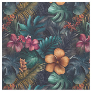 Mörk Tropical Hibiscus & Löv Tyg