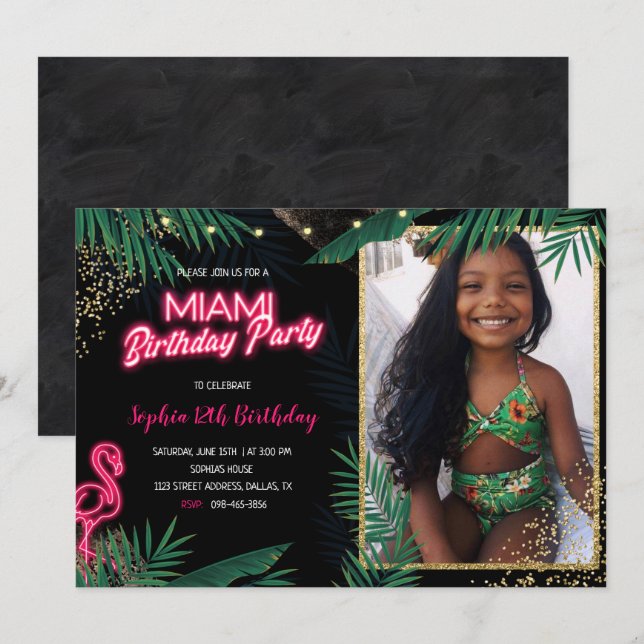 Mörk Tropical Miami Födelsedagsfest with Photo Inbjudningar (Fram/baksida)
