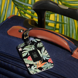 Mörk Tropikar Flower Foliage Fantasy med Monogram Bagagebricka