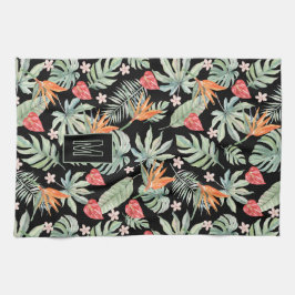Mörk Tropikar Flower Foliage Fantasy med Monogram Kökshandduk