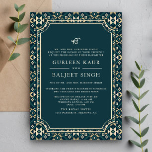 Mörk turkos beige Ikat Anand Karaj Sikh bröllop Inbjudningar