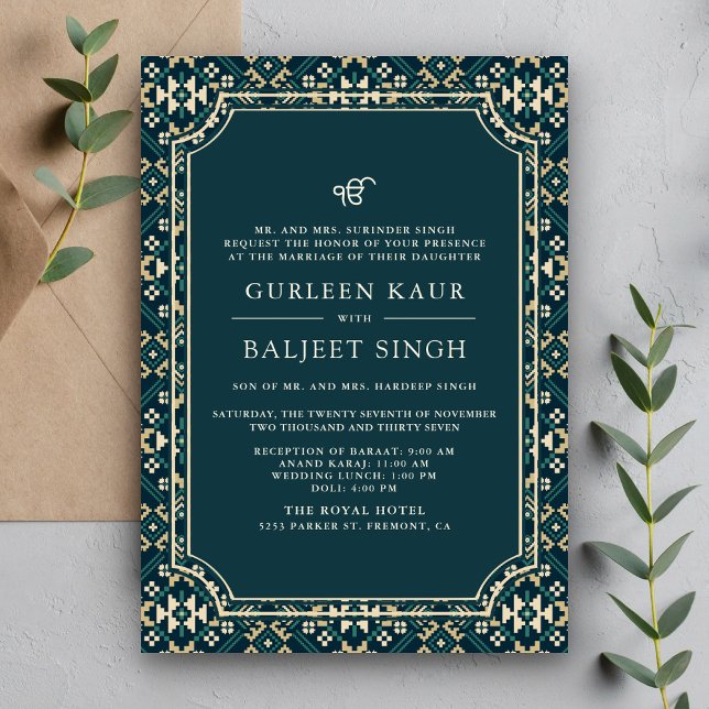 Mörk turkos beige Ikat Anand Karaj Sikh bröllop Inbjudningar (Skapare uppladdad)