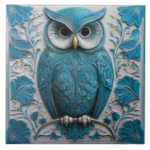 Mörk turkos blå falsk relief Art Nouveau uggla Kakelplatta