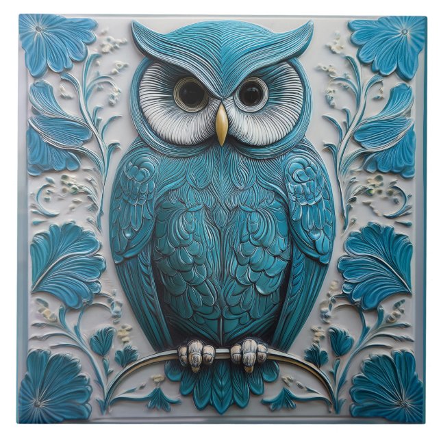 Mörk turkos blå falsk relief Art Nouveau uggla Kakelplatta (Framsidan)