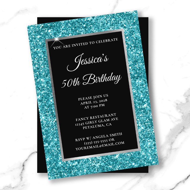 Mörk Turkos Glitter Svart 50-årsdag Inbjudningar (Dark Turquoise Glitter Black 50th Birthday Invitation)