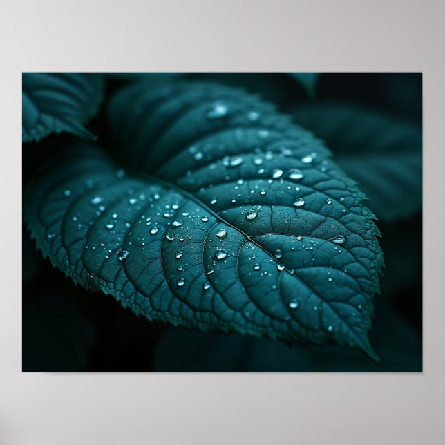 Mörk Turkos Makroblad Med Regnvatten Droppar Poster (Framsidan)