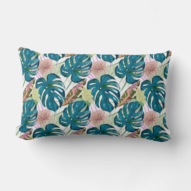 Mörk-turkos monstera, delikat persika och gult lumbarkudde (Framsida)