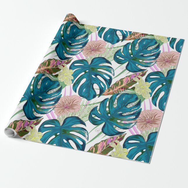 Mörk-turkos monstera, delikat persika och gult presentpapper (Utrullad)