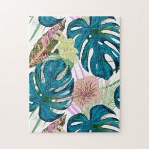 Mörk-turkos monstera, delikat persika och gult pussel