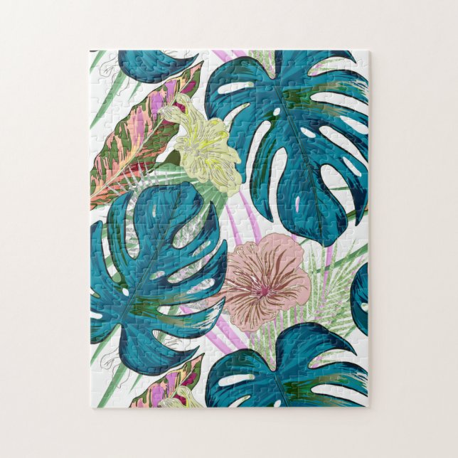 Mörk-turkos monstera, delikat persika och gult pussel (Vertikal)
