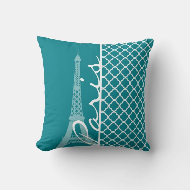 Mörk Turkvoise Quatrefoil; Eiffel Torn, Paris Kudde (Framsida)