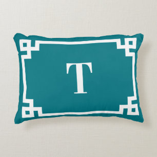 Mörk Turquise och vit grekiska Gräns Monogram Nyck Prydnadskudde
