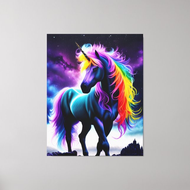 Mörk Unicorn med Rainbow Mane Canvastryck (Framsida)
