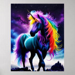 Mörk Unicorn med Rainbow Mane Poster
