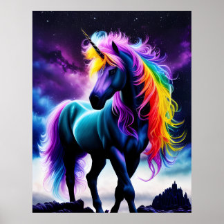 Mörk Unicorn med Rainbow Mane Poster