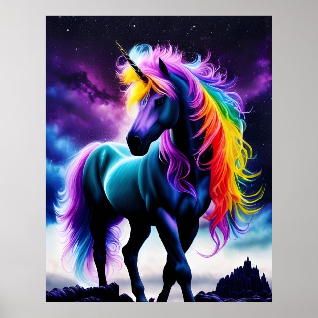 Mörk Unicorn med Rainbow Mane Poster (Framsidan)
