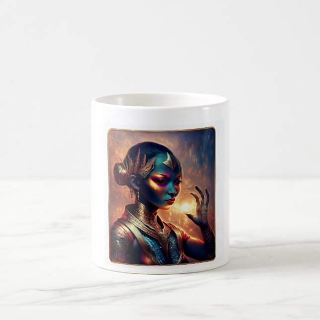 Mörk utomjording prinsessa poserar med eldig bakgr kaffemugg (Center)