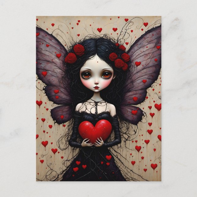 Mörk Valentine Fairy Red Heart-vykort Vykort (Framsida)