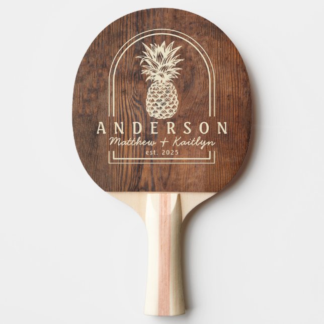 Mörk Valnötsträ Pineapple Bröllopsbåge & Namn Pingisracket (Framsidan)