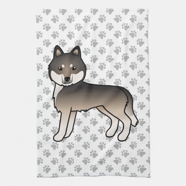 Mörk varggrå sibirisk husky söt tecknad hund kökshandduk (Vertikal)