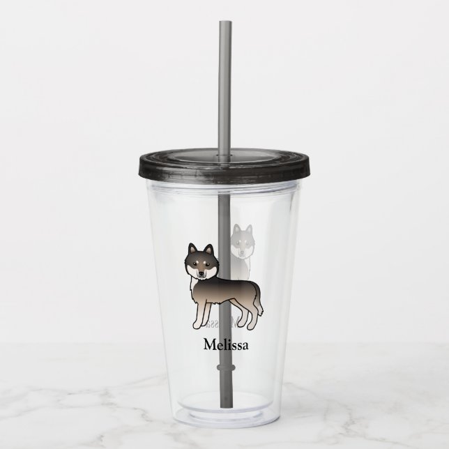Mörk varggrå sibirisk huskyhund & namn take away mugg (Framsida)