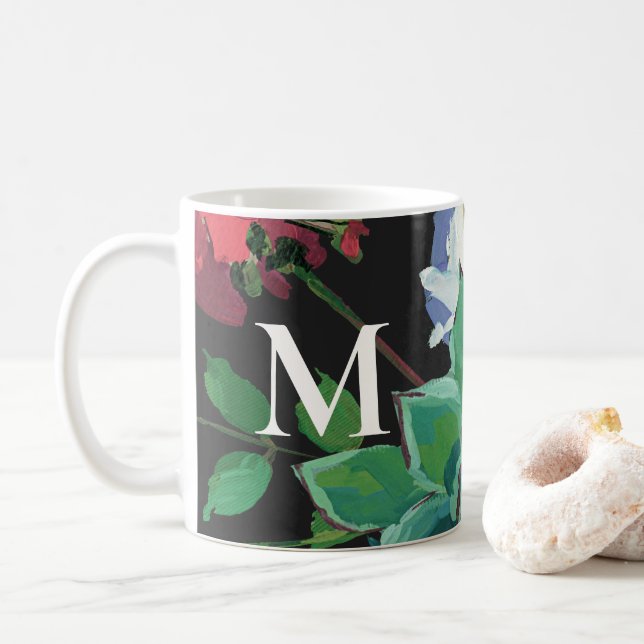 Mörk Vattenfärgad Blommigt med Monogram Kaffemugg (Med munk)
