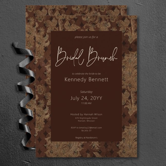 Mörk Victorian Burgundy Damask Möhippa Brunch Inbjudningar (Dark Victorian Burgundy Damask Bridal Brunch Invitation)