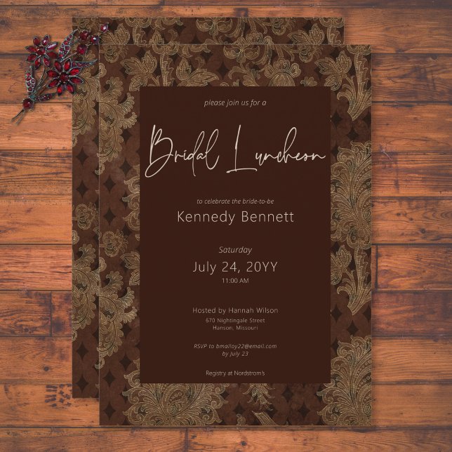 Mörk Victorian Burgundy Damask Möhippa Luncheon Inbjudningar (Dark Victorian Burgundy Damask Bridal Luncheon Invitation)