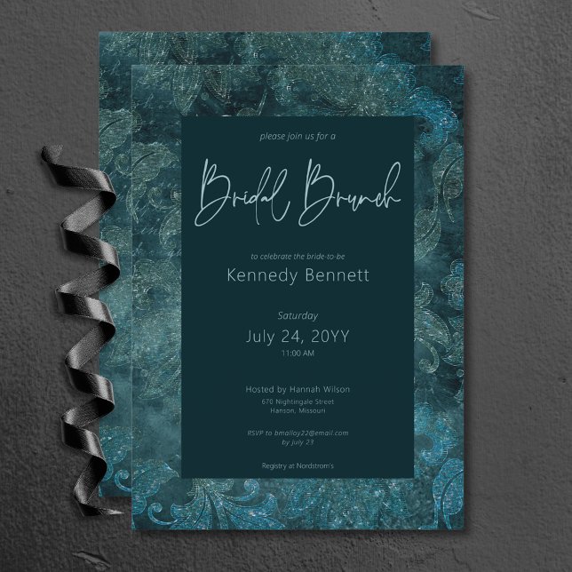 Mörk Victorian Teal Damask Möhippa Brunch Inbjudningar (Dark Victorian Teal Damask Bridal Brunch Invitation)