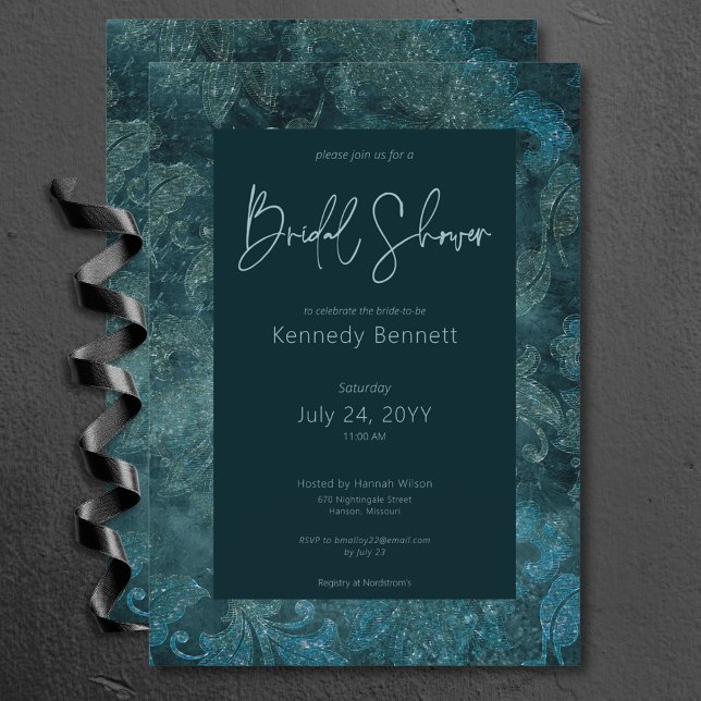 Mörk Victorian Teal Damask Möhippa Inbjudningar (Dark Victorian Teal Damask Bridal Shower Invitation)