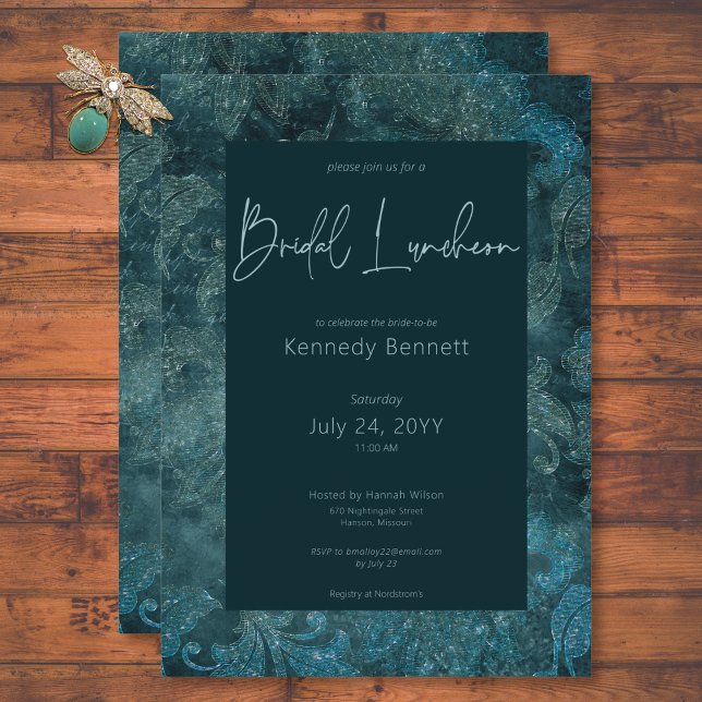 Mörk Victorian Teal Damask Möhippa Luncheon Inbjudningar (Dark Victorian Teal Damask Bridal Luncheon Invitation)