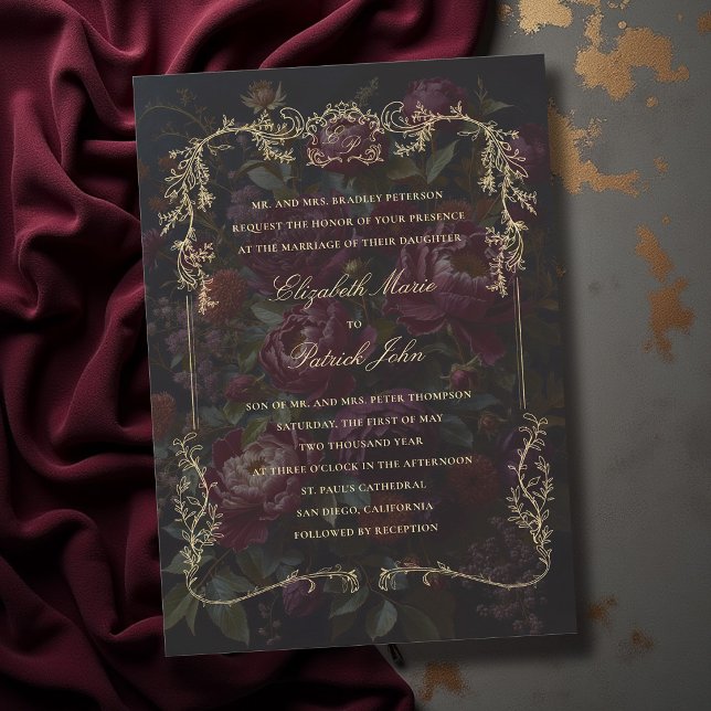 Mörk Viktoriansk Botanisk Guld Vapen Bröllop Inbjudningar (moody wedding invitation victorian botanical crest frame dark gothic romance whimsigoth theme)
