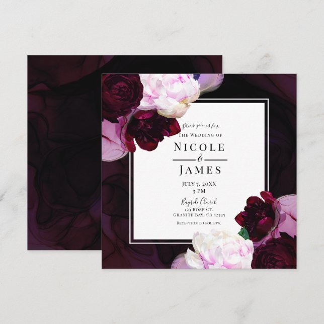 Mörk vin Moody Blommig Modern Elegant Glam Bröllop Inbjudningar (Fram/baksida)