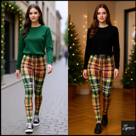 Mörk Vintage Jordnära Grön Tan Rutig Leggings