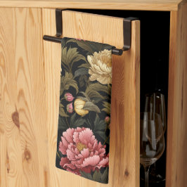 Mörk Vintage Peony Blommigt Patterned Kökshandduk