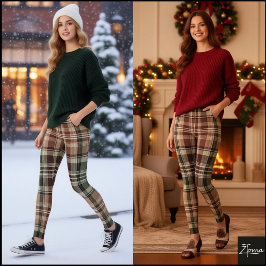 Mörk Vintage Rustik Maroon Grön Plaid Leggings