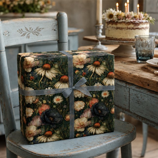 Mörk Vintage Vildblomsterträdgård Blomma Presentpapper (Skapare uppladdad)