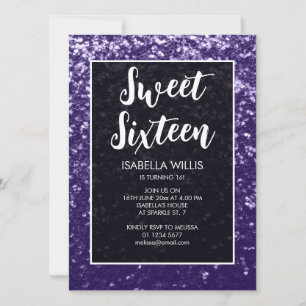 Mörk violet lila gnistra Sweet 16 elegant-skript Inbjudningar