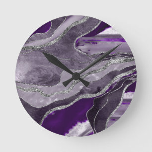 Mörk Violet Marble Agate Silver Glitter Glam #1  Rund Klocka