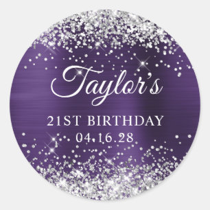 Mörk Violet Silver Glittery Foil 21:a födelsedagen Runt Klistermärke