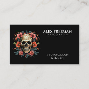 Mörk Vit och röd Blommigt Skull Tattoartist Visitkort