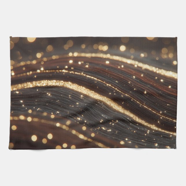 Mörk Walnut Wood Grain med mousserande floder Guld Kökshandduk (Horisontell)