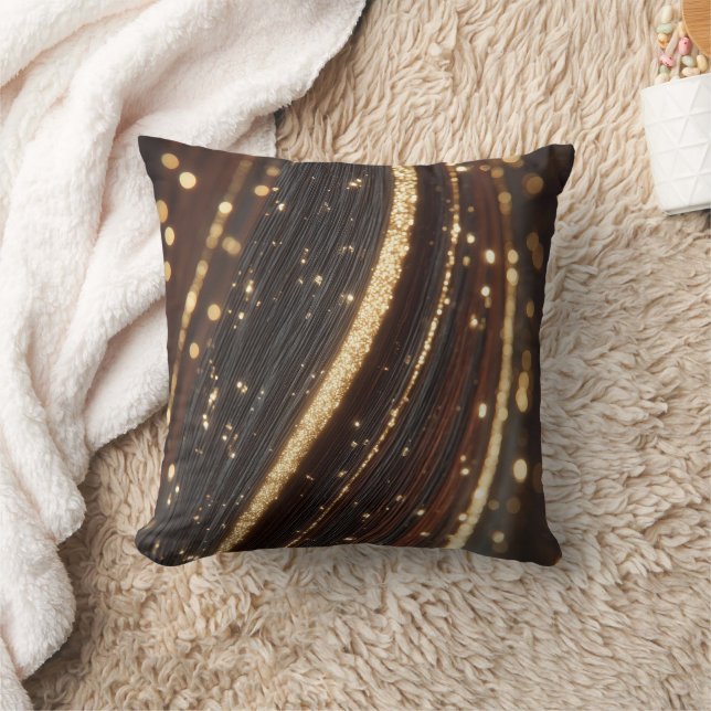 Mörk Walnut Wood Grain med mousserande floder Guld Kudde (Filt)