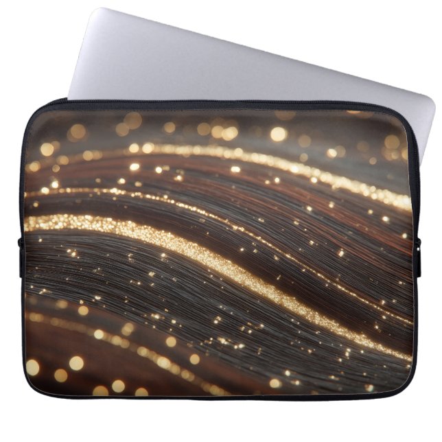 Mörk Walnut Wood Grain med mousserande floder Guld Laptop Fodral (Framsidan)