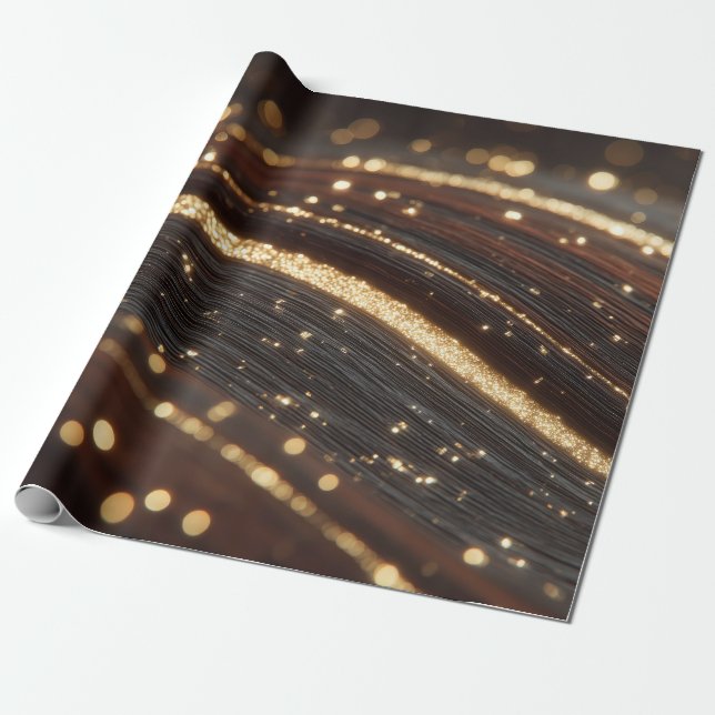 Mörk Walnut Wood Grain med mousserande floder Guld Presentpapper (Utrullad)