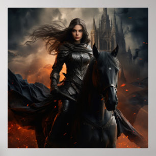 Mörk Warrior Princess on Black Horse - Fantasy Cas Poster