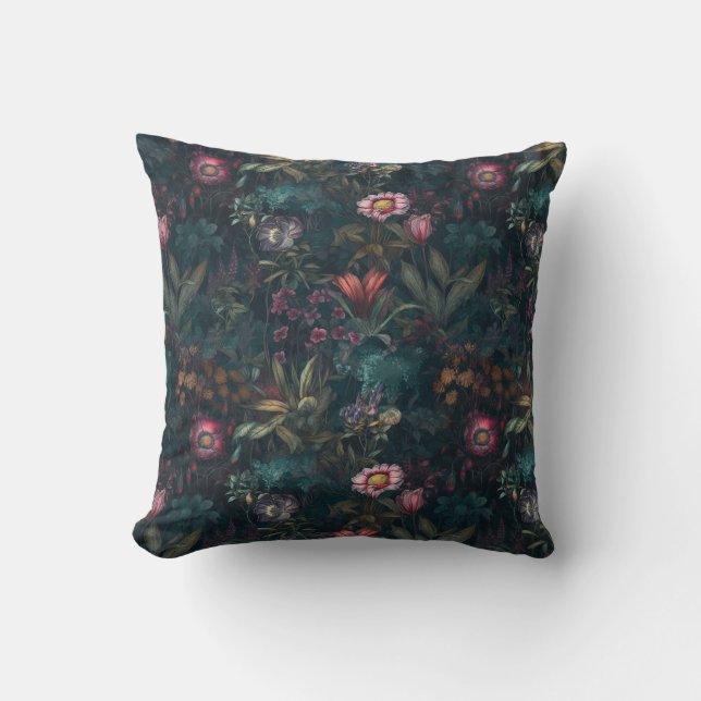 Mörk Wildblomsterträdgårdens Rosa och Grönt Kudde (Framsida)